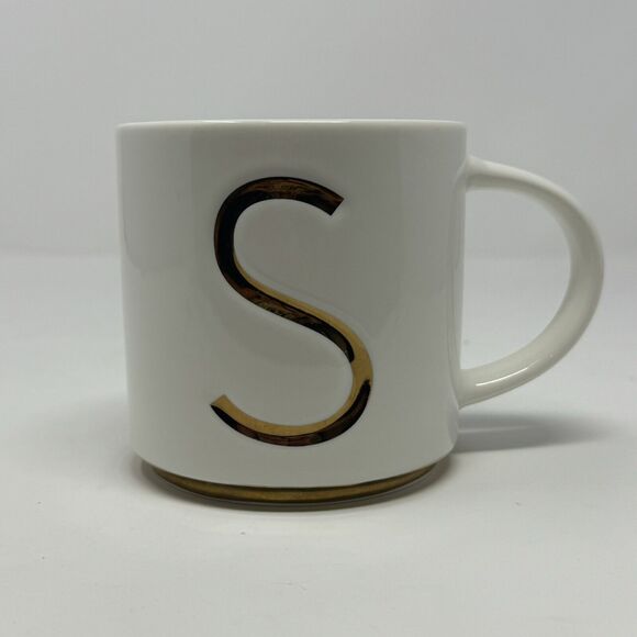 Williams Sonoma Mug Monogram Initial S Art Deco Cream Gold Modern Porcelain - Picture 1 of 3